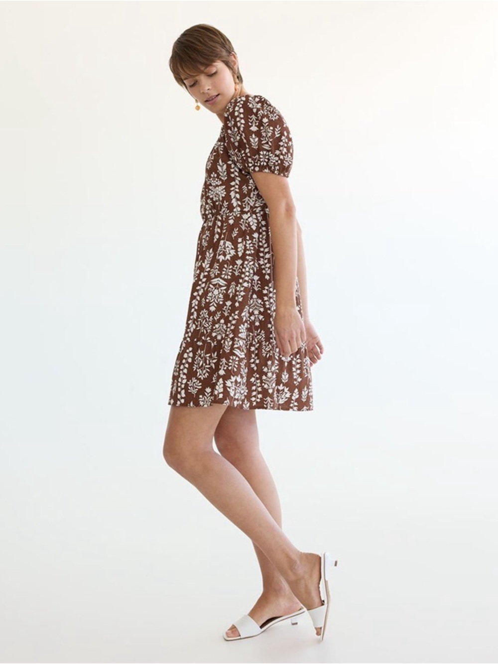 Reitmans Brown Floral Puff Sleeve Mini Dress Cottagecore Size L Linen Blend - Picture 3 of 14